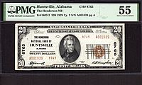 Huntsville, AL, Charter #8765, 1929T2 $100, A001039, AU, PMG-55